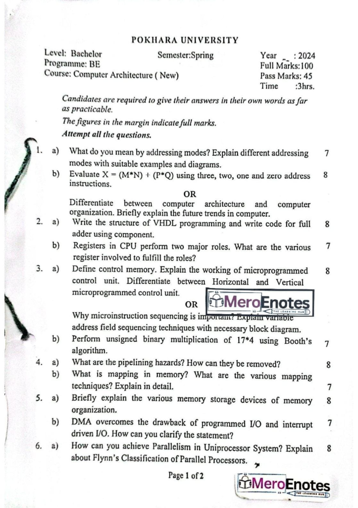 PU BE Computer Computer Architecture Question paper 4th Sem