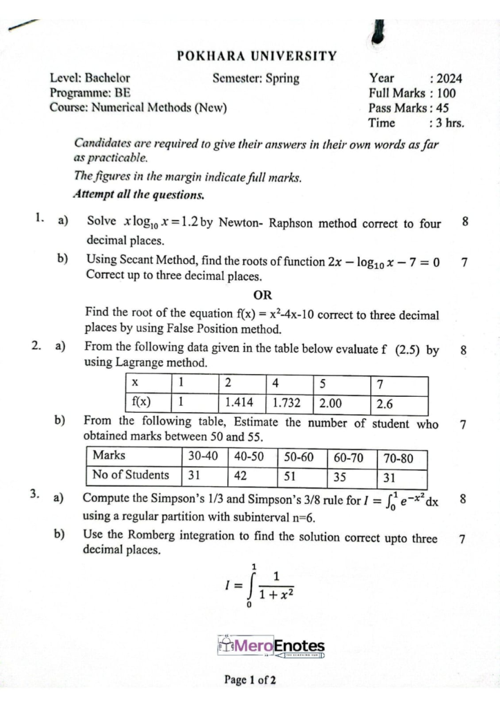 PU BE Computer Numerical Methods Question paper 4th Sem