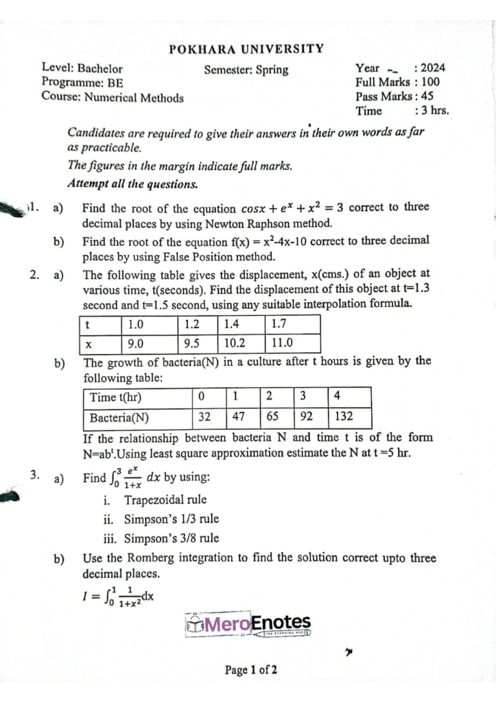 PU BE Computer Numerical Methods Question paper 4th Sem