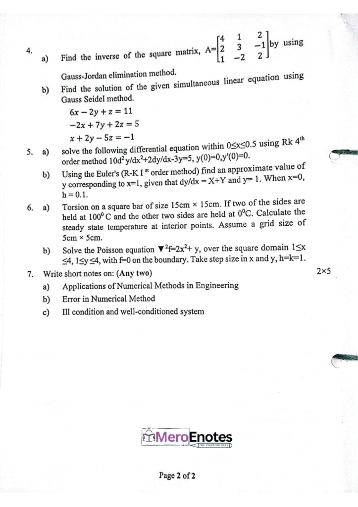PU BE Computer Numerical Methods Question paper 4th Sem