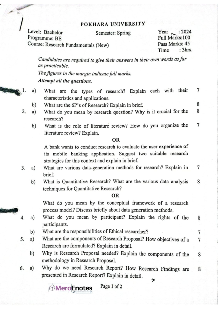 PU BE Computer Research Fundamentals  Question paper 4th Sem