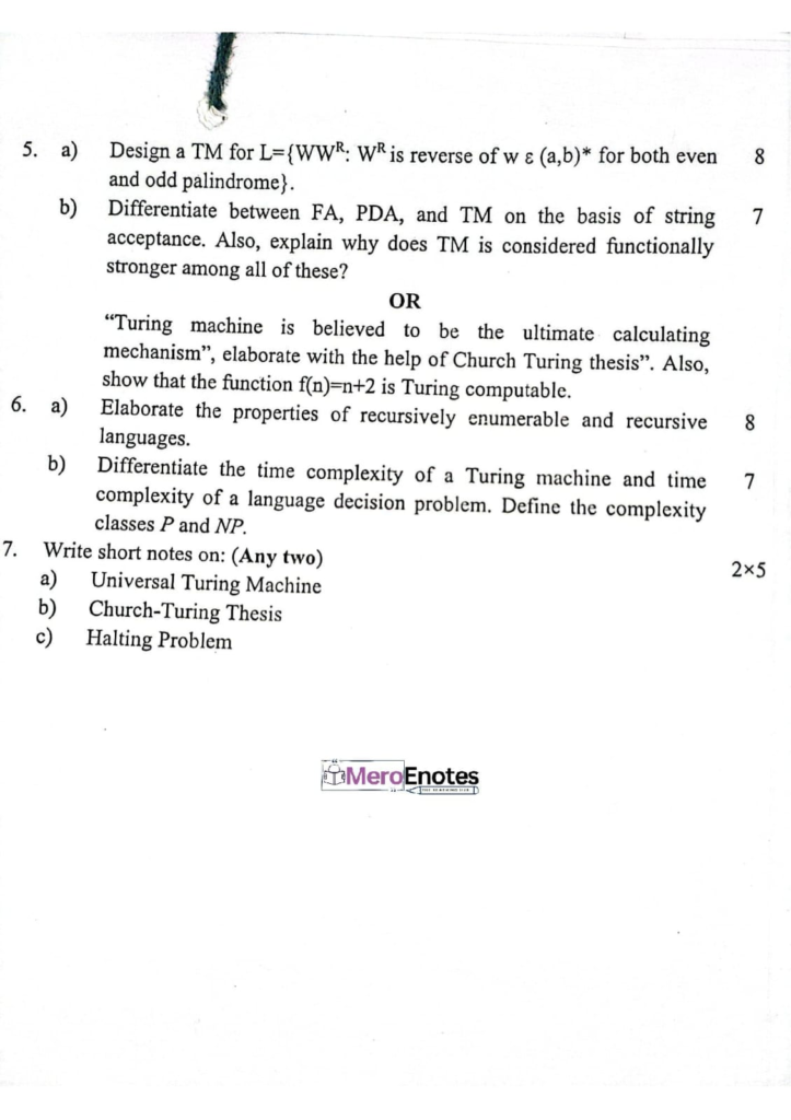 PU BE Computer Theory of Computation  Question paper 4th Sem