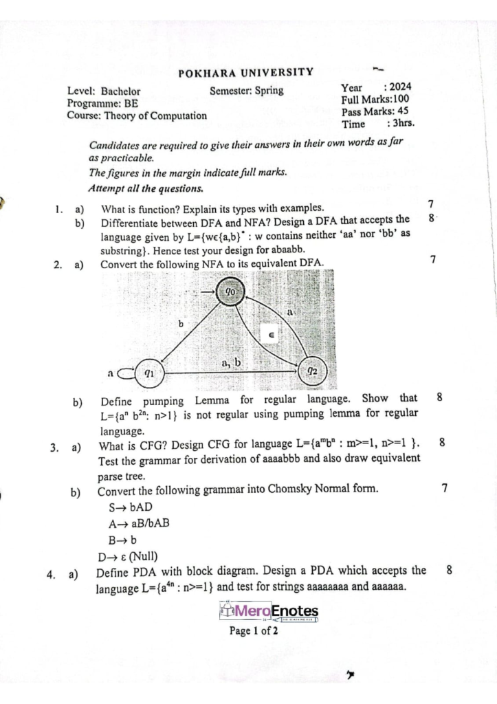 PU BE Computer Theory of Computation  Question paper 4th Sem