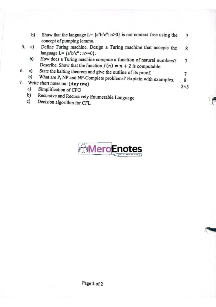 PU BE Computer Theory of Computation  Question paper 4th Sem