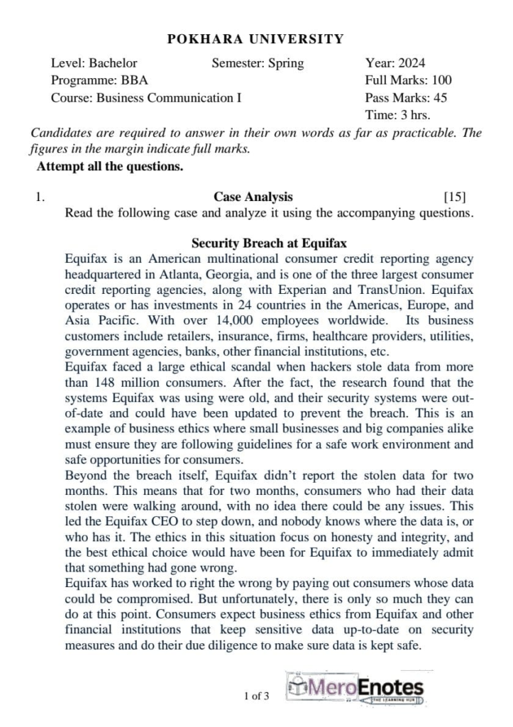 PU BBA Business Communication I Question Paper