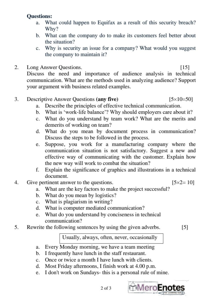 PU BBA Business Communication I Question Paper