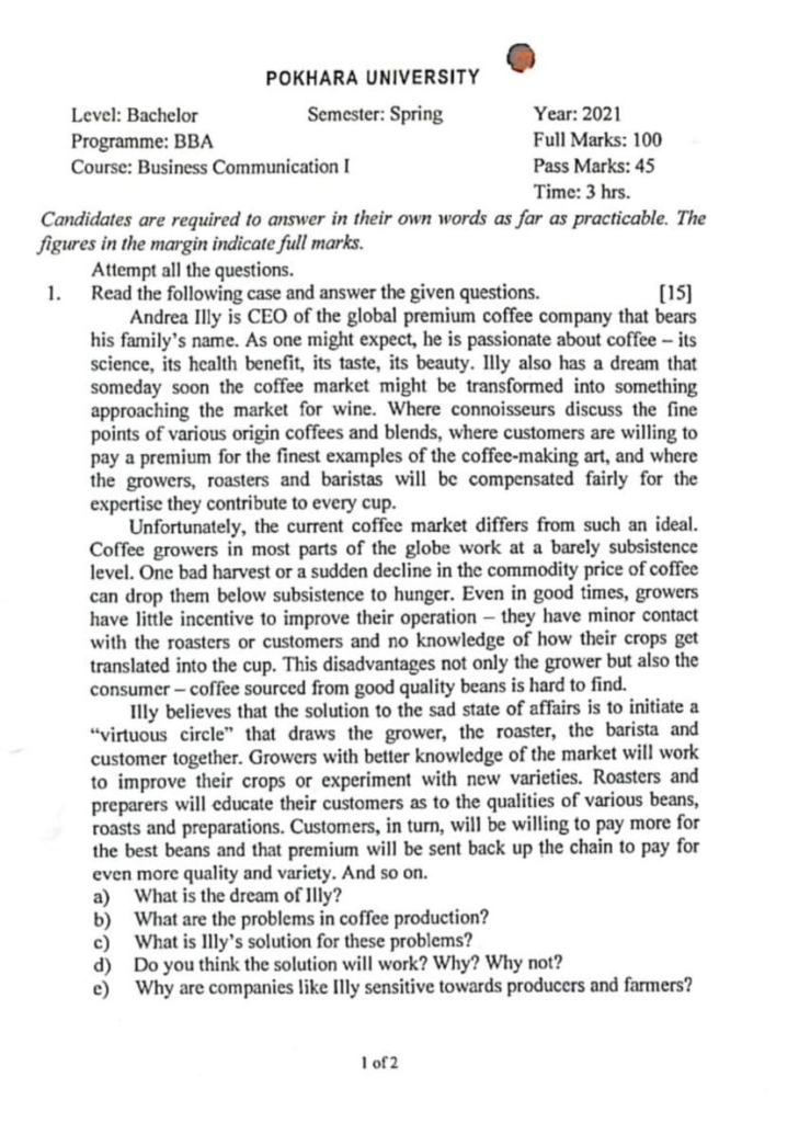 PU BBA Business Communication I Question Paper