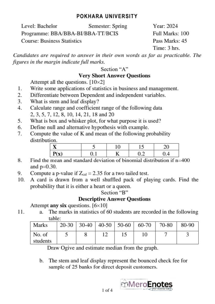 PU BBA BBA-BI BBA-TT BCIS Business Statistics Question Paper