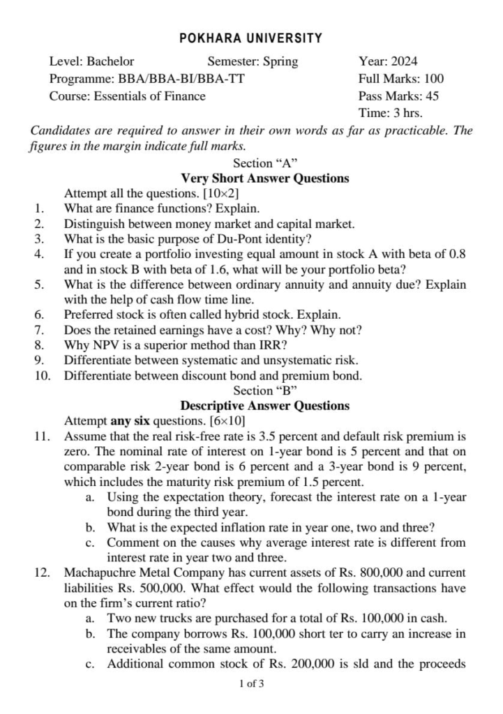 PU BBA BBA-BI BBA-TT Essentials of Finance Question Paper