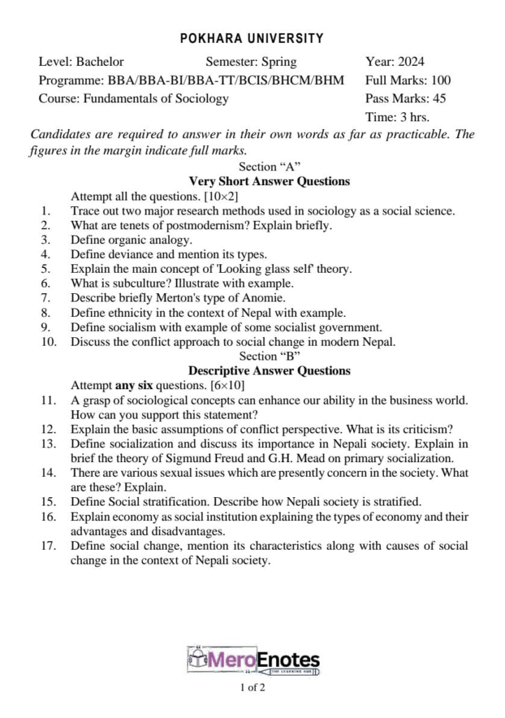 PU BBA BBA-BI BBA-TT BCIS BHCM BHM Fundamentals of Sociology Question Paper