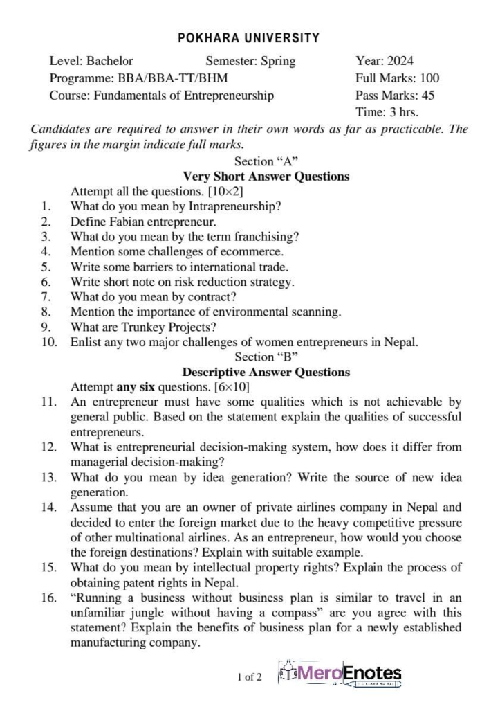 PU BBA Fundamentals of Entrepreneurship Question paper 7th Semester