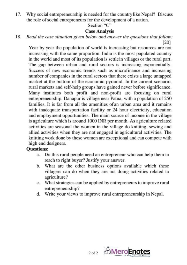 PU BBA Fundamentals of Entrepreneurship Question paper 7th Semester