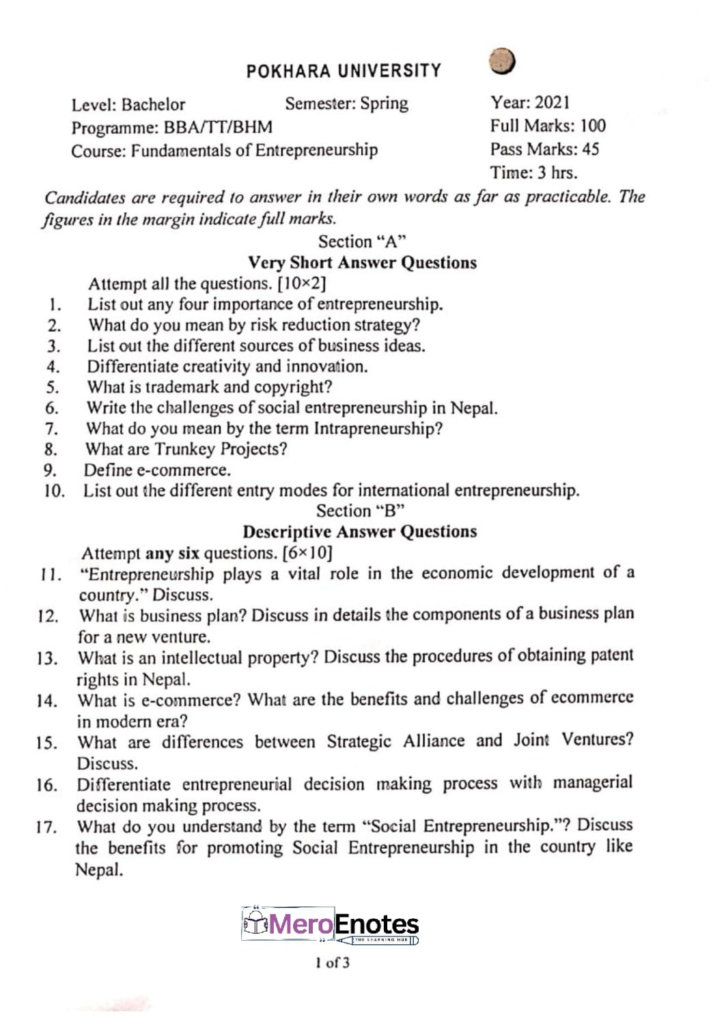 PU BBA Fundamentals of Entrepreneurship Question paper 7th Semester