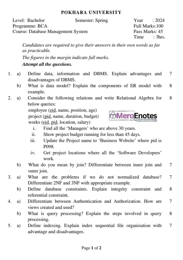 Pokhara University PU BCA Database Management System Question Paper 4th Semester