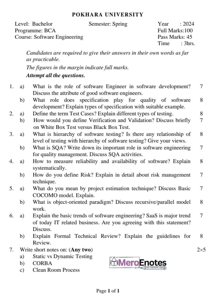 Pokhara University PU BCA Software Engineering Question Paper 5th Semester