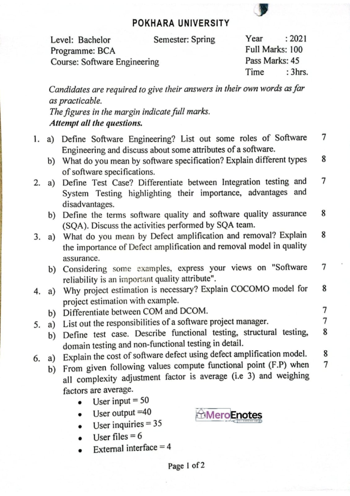 Pokhara University PU BCA Software Engineering Question Paper 5th Semester