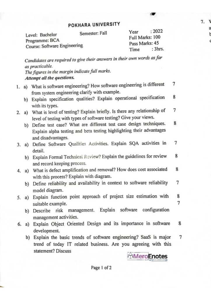 Pokhara University PU BCA Software Engineering Question Paper 5th Semester