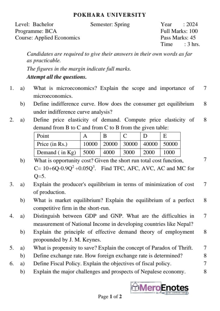 Pokhara University PU BCA Applied Economics Question Paper 6th Semester