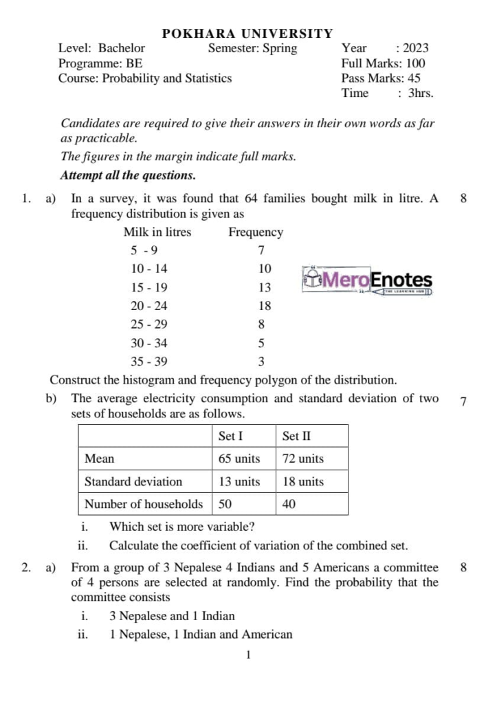 PU BE Computer Probability and Statistics Question paper 5th Semester