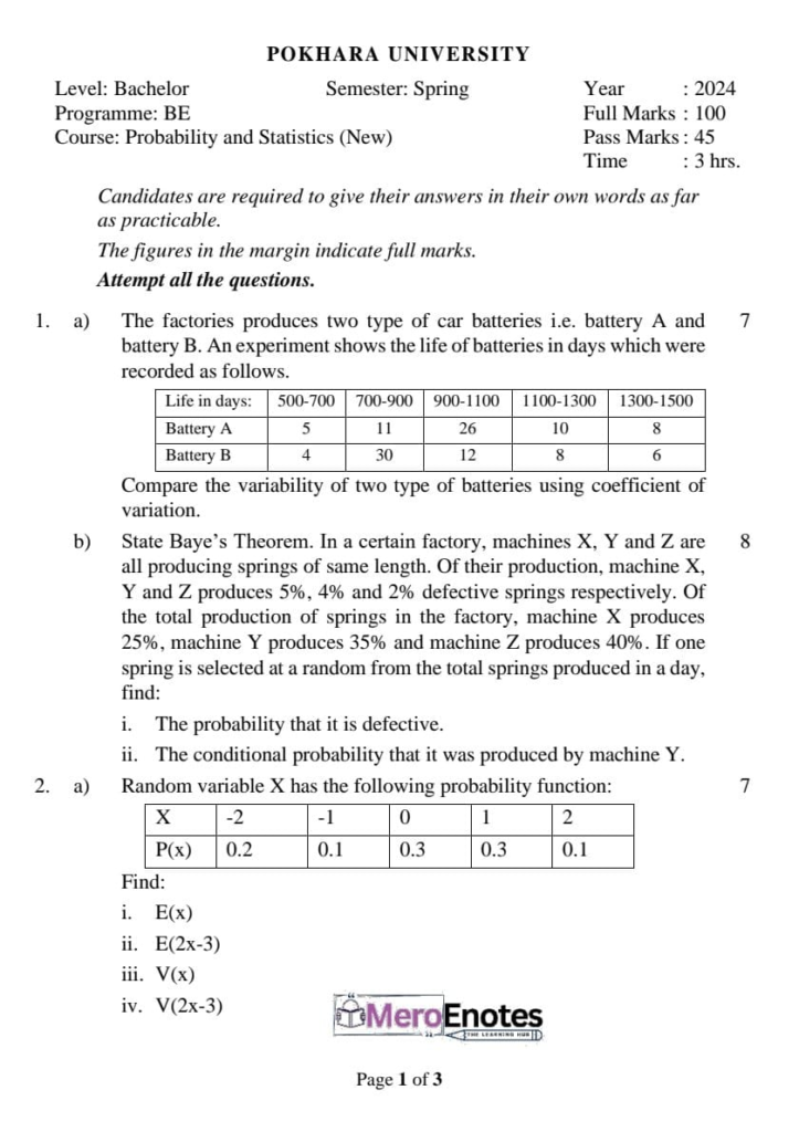 PU BE Computer Probability and Statistics Question paper 5th Semester