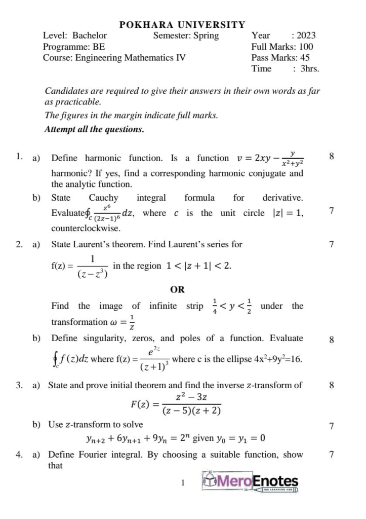 PU BE Computer Engineering Mathematics IV Question paper 5th Semester