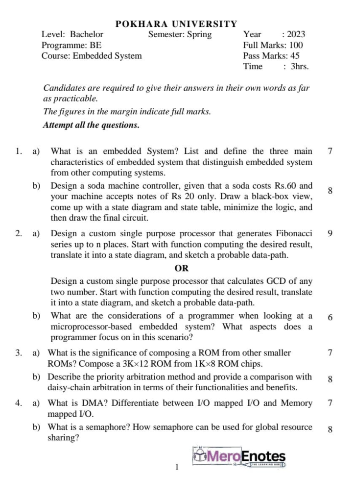 PU BE Computer Embedded System Question paper 5th Semester