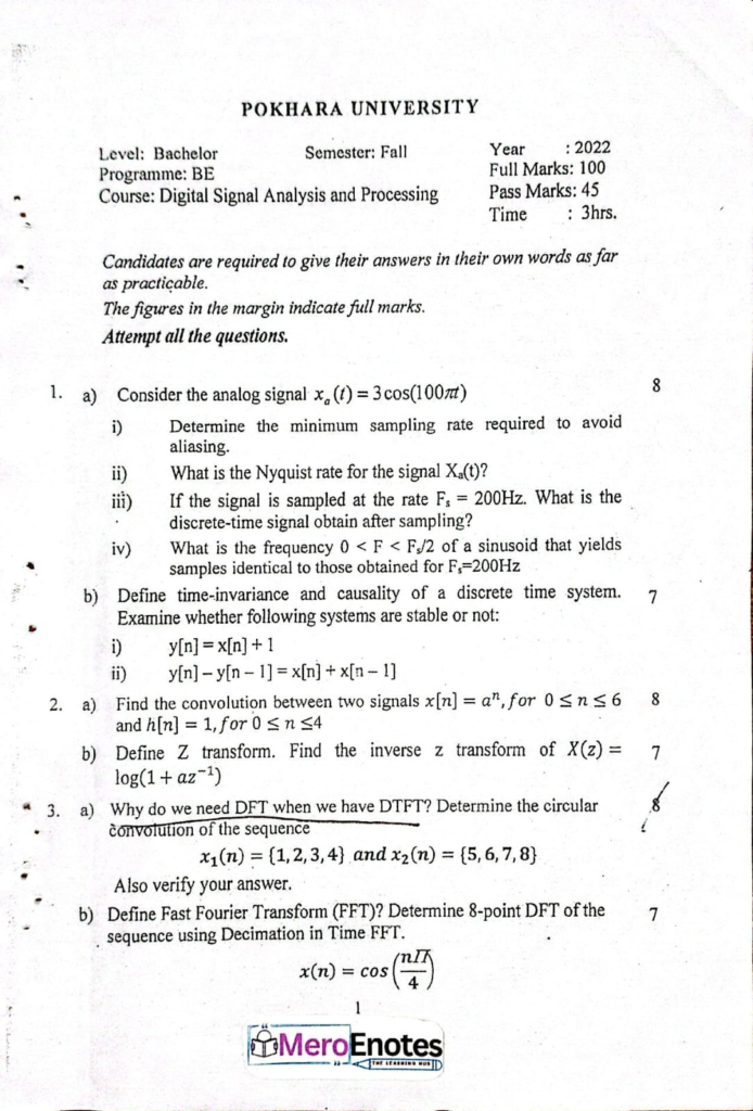 PU BE Computer Digital Signal Analysis and Processing Question paper 5th Semester