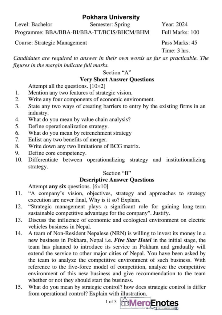 PU BBA Strategic Management Question paper 8th Semester