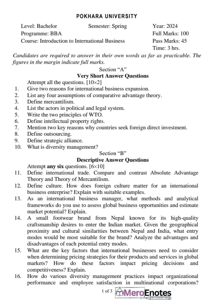 BBA Introduction to International Business Question Paper 2024