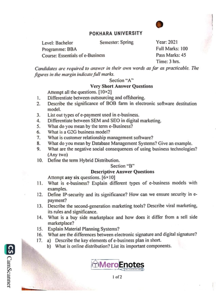 PU BBA Essential of e-Business Question paper 8th Semester