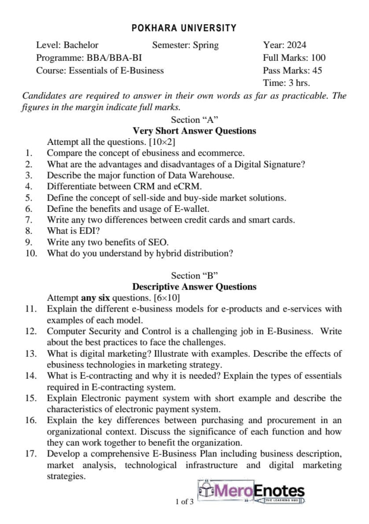 PU BBA Essential of e-Business Question paper 8th Semester