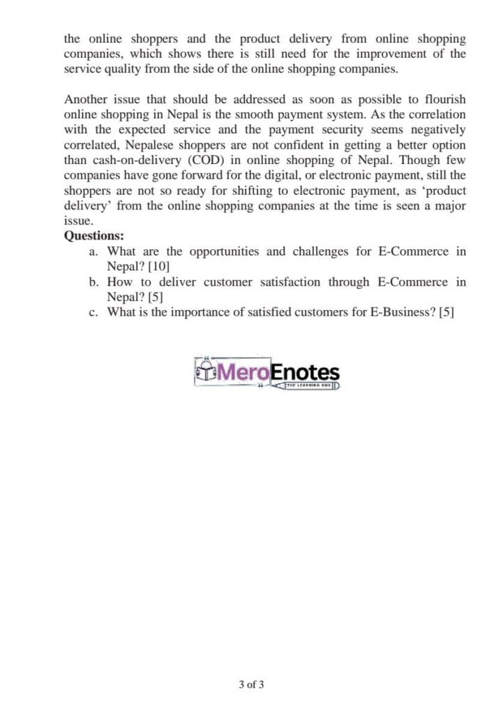 PU BBA Essential of e-Business Question paper 8th Semester