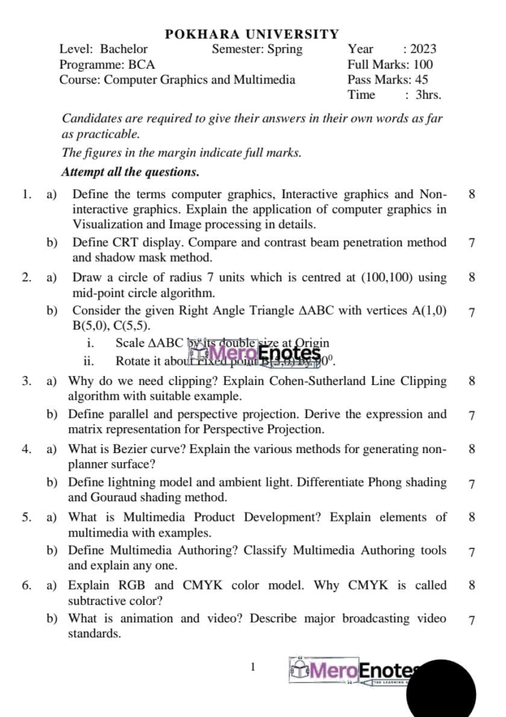 Pokhara University PU BCA Computer Graphics Question Paper 4th Semester