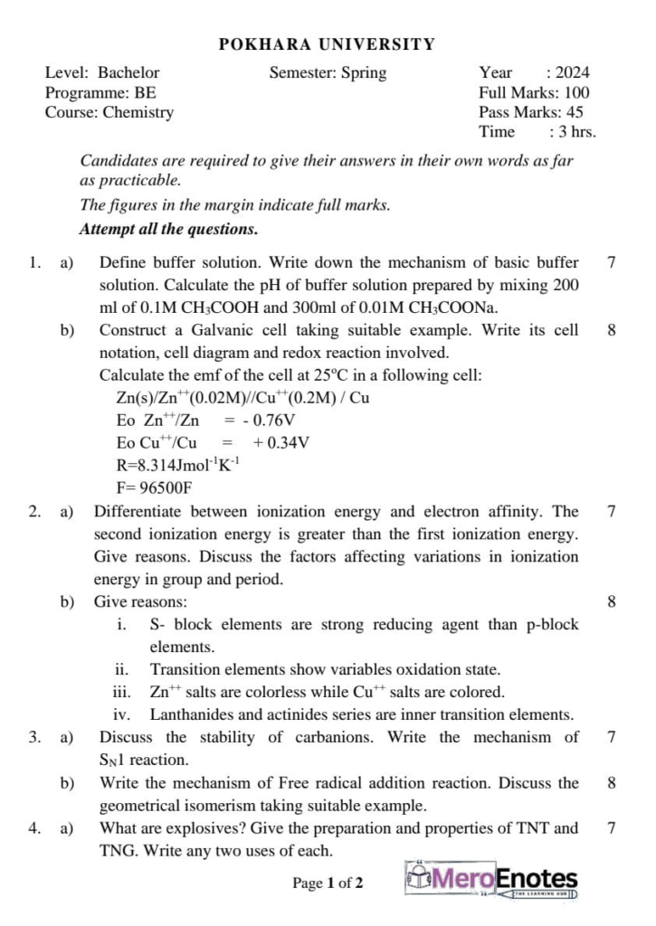 BE Civil Applied Chemistry Question Paper 2024