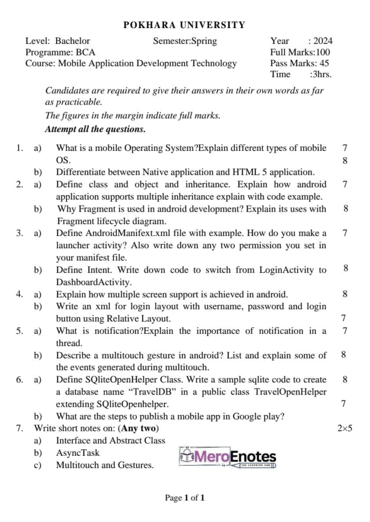PU BCA Mobile Application Development Technology Question paper 8th Semester