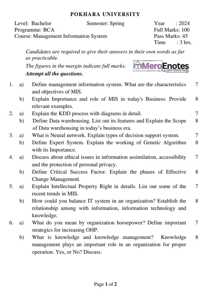 PU BCA Managemnt Information System Question paper 8th Semester
