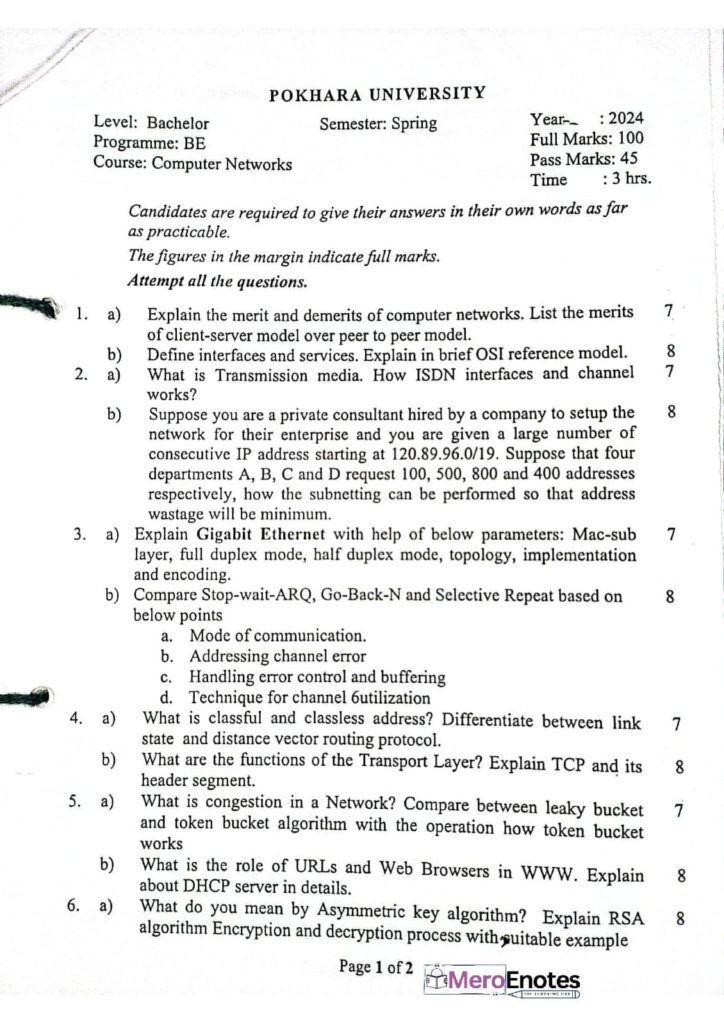 PU BE Computer Computer Networks Question paper 6th Semester