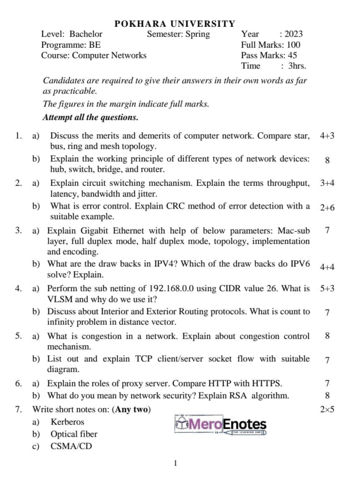 PU BE Computer Computer Networks Question paper 6th Semester