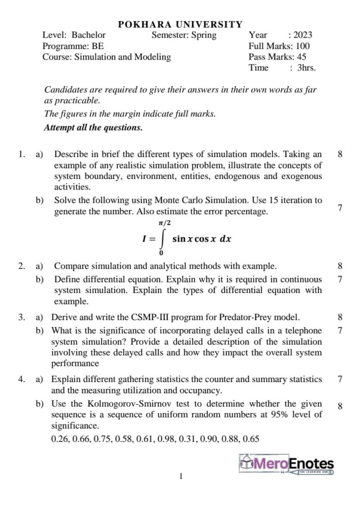 PU BE Computer Simulation and Modeling Question paper 6th Semester