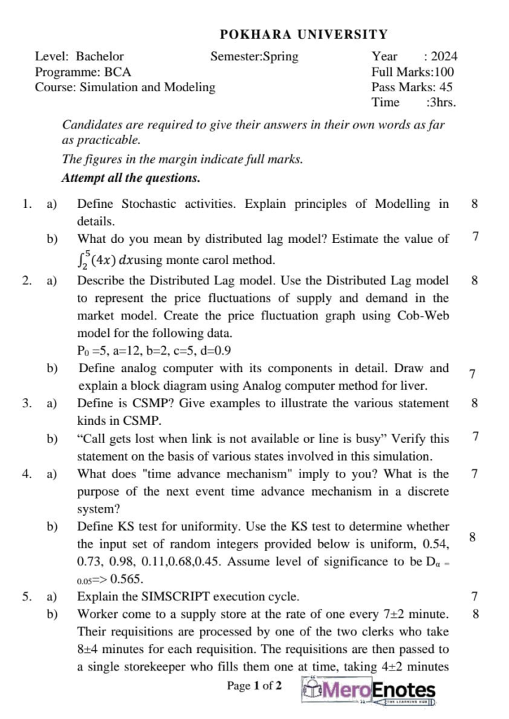 PU BE Computer Simulation and Modeling Question paper 6th Semester