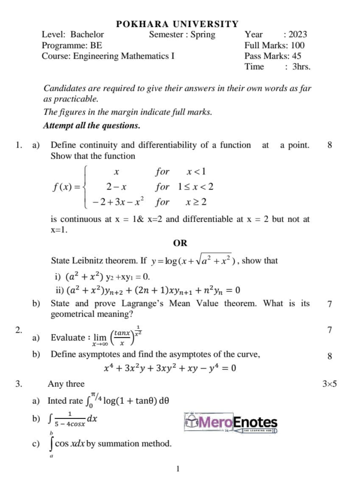 PU BE Civil Engineering Mathematics I Question paper 1st Semester