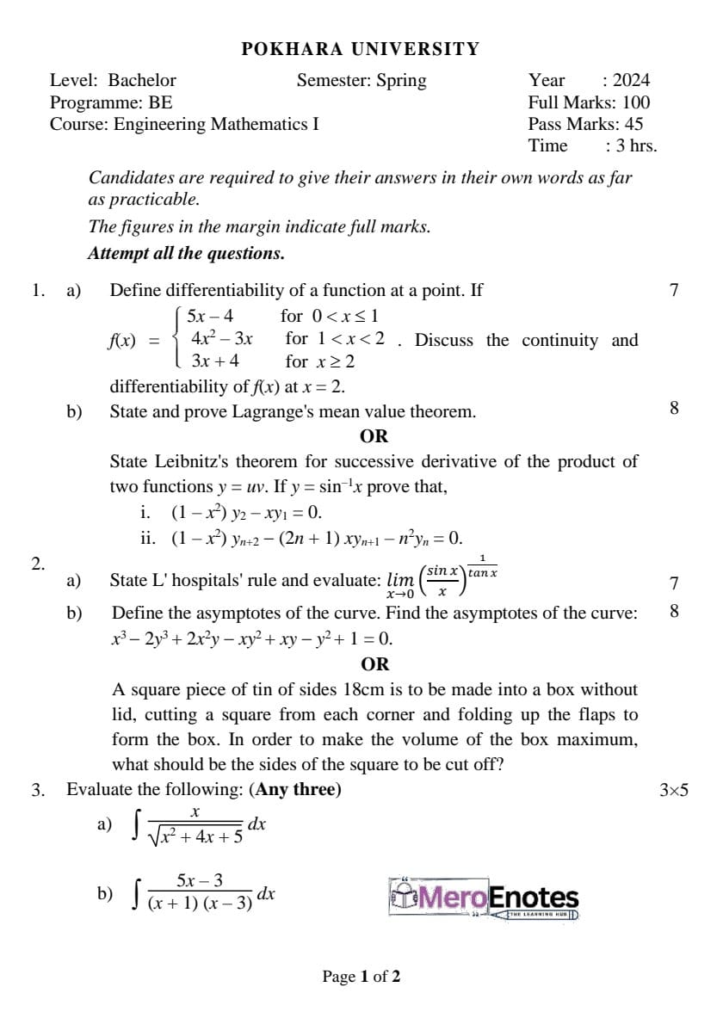 PU BE Civil Engineering Mathematics I Question paper 1st Semester