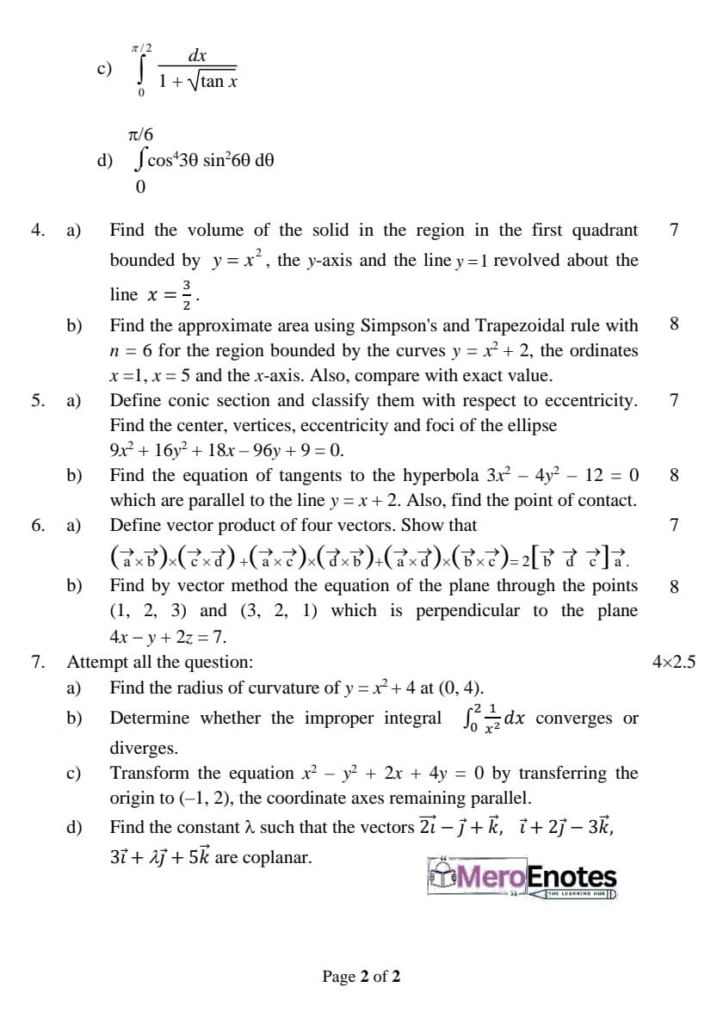 PU BE Civil Engineering Mathematics I Question paper 1st Semester
