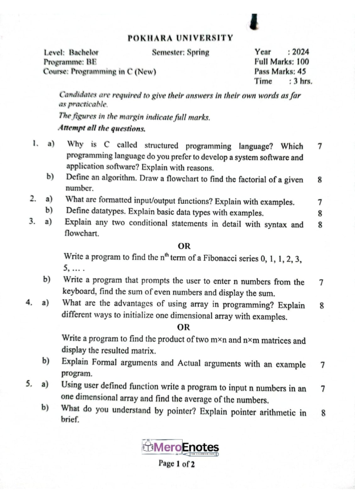 Pokhara University PU BE Civil Programming in C Question Paper 1st Semester