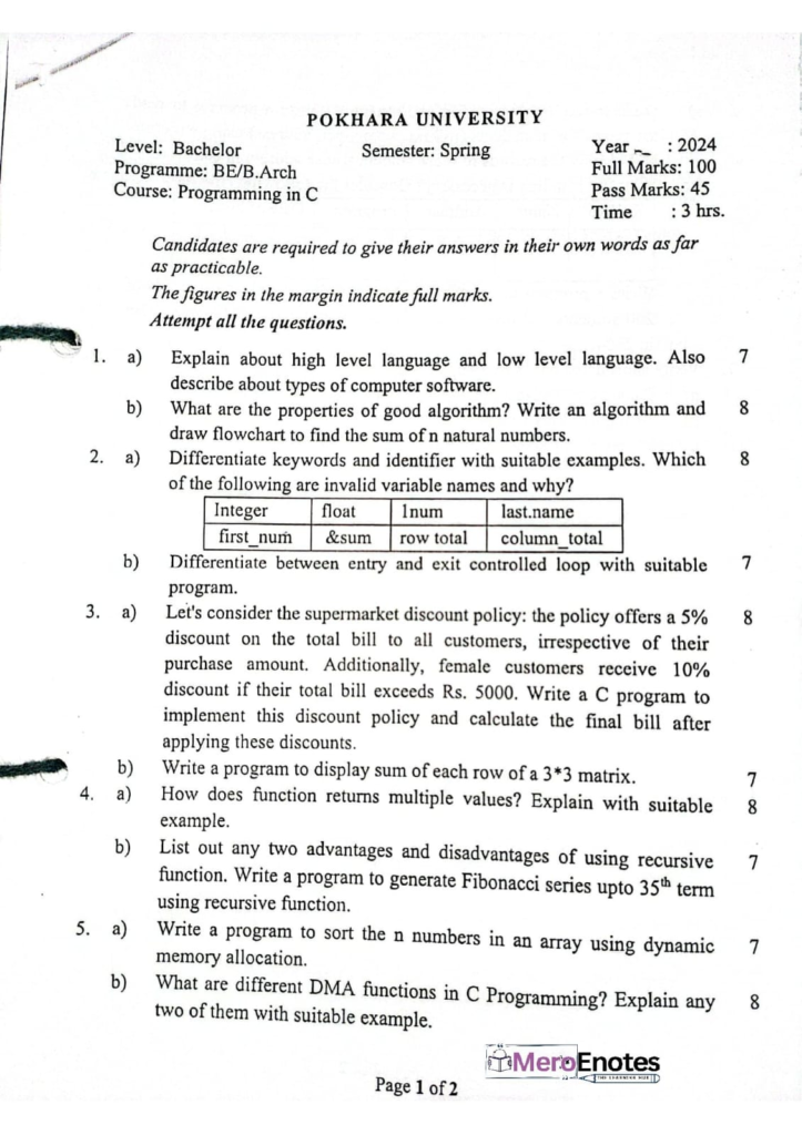 Pokhara University PU BE Civil Programming in C Question Paper 1st Semester