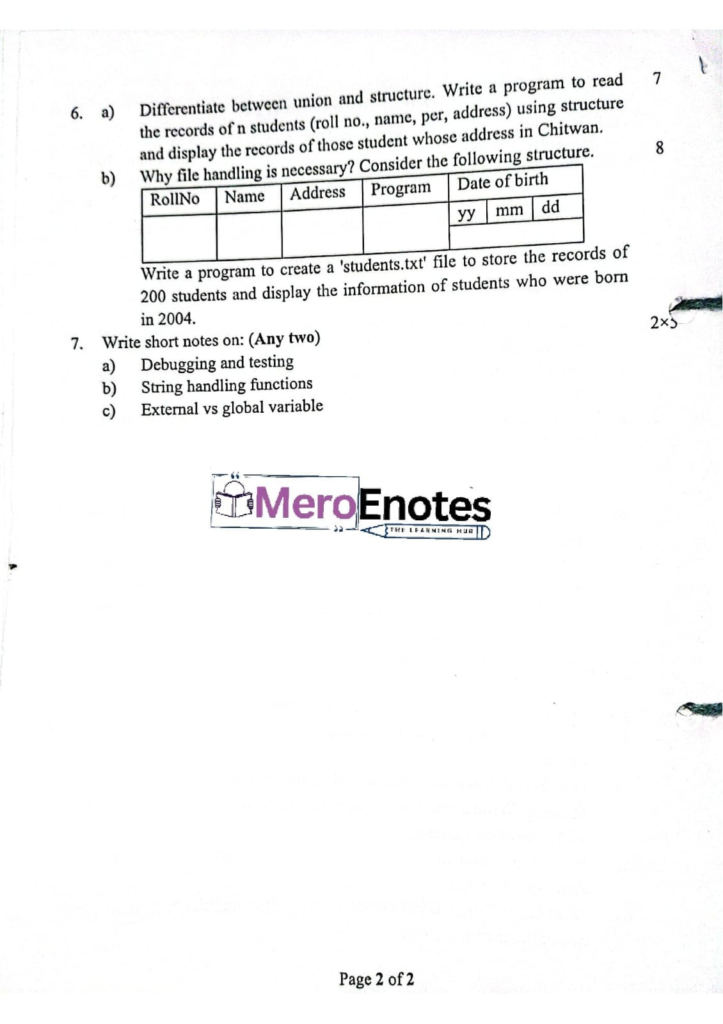 Pokhara University PU BE Civil Programming in C Question Paper 1st Semester