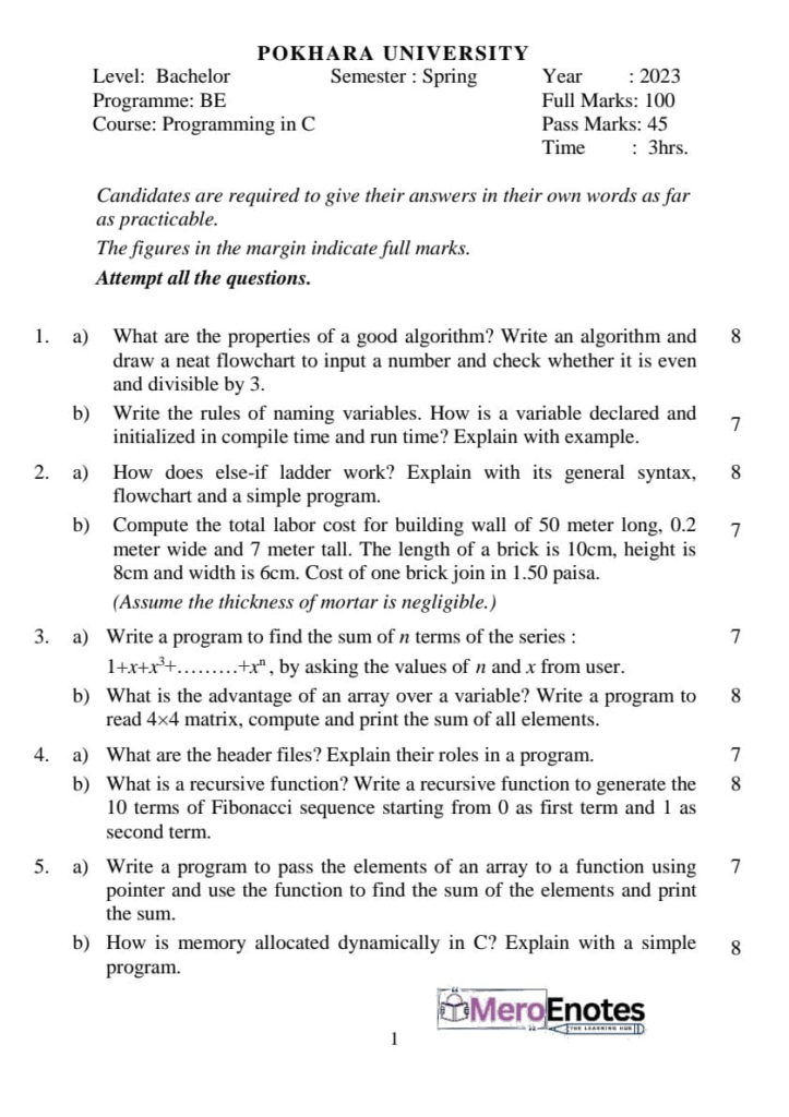 Pokhara University PU BE Civil Programming in C Question Paper 1st Semester
