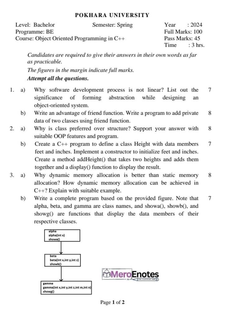 PU BE Civil Object Oriented Programming in C++ Question Paper 2nd Semester