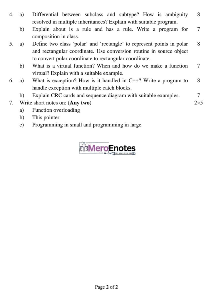 PU BE Civil Object Oriented Programming in C++ Question Paper 2nd Semester