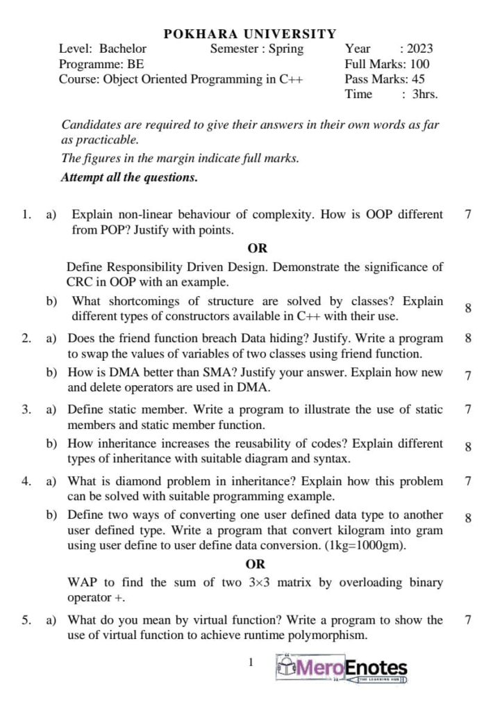 PU BE Civil Object Oriented Programming in C++ Question Paper 2nd Semester